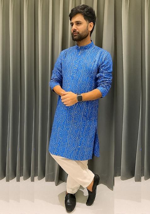 Light Blue Embroidery Cotton Kurta With Pyjama For Men