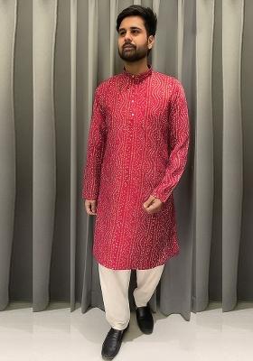 Crimson Embroidery Cotton Kurta With Pyjama For Men