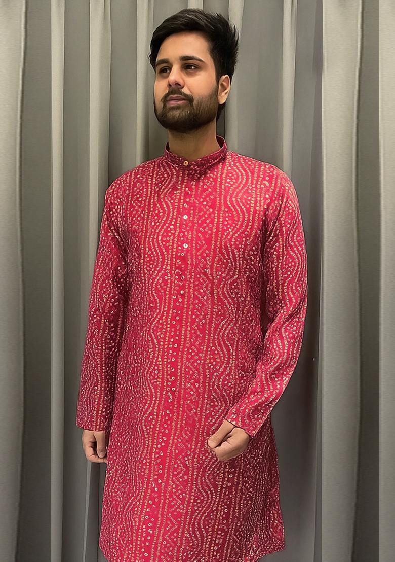Crimson Embroidery Cotton Kurta With Pyjama For Men - Indya