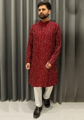 Maroon Embroidery Cotton Kurta With Pyjama For Men
