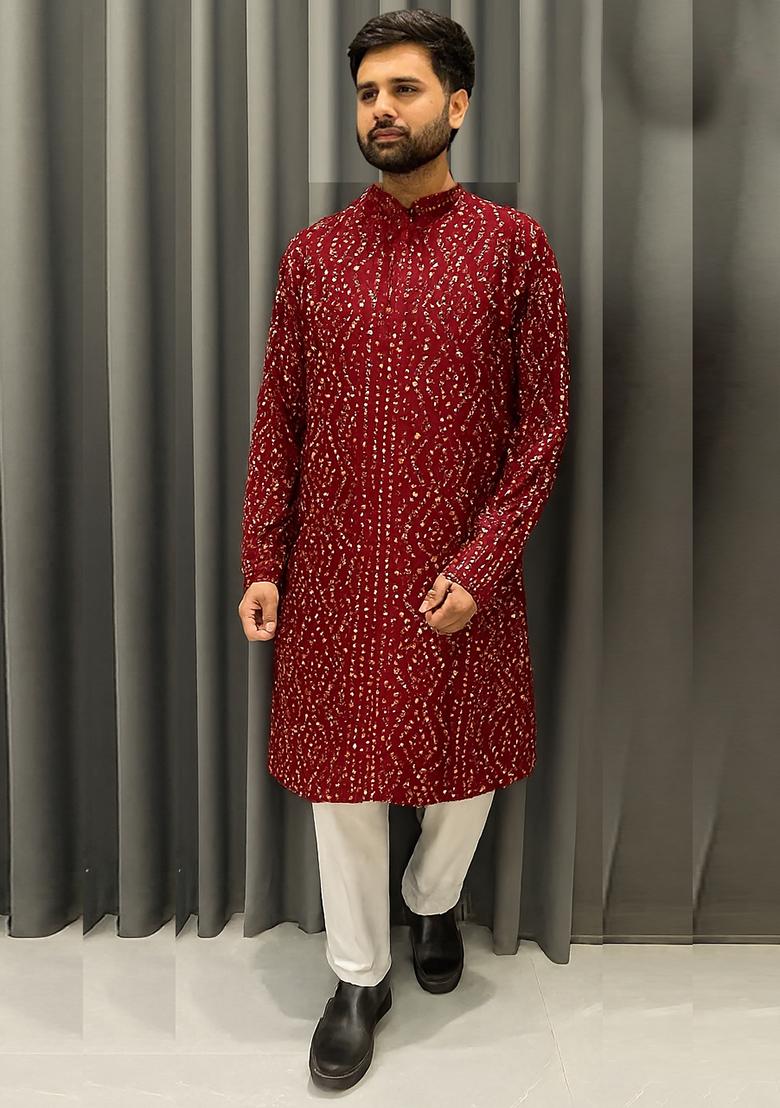 Maroon Embroidery Cotton Kurta With Pyjama For Men