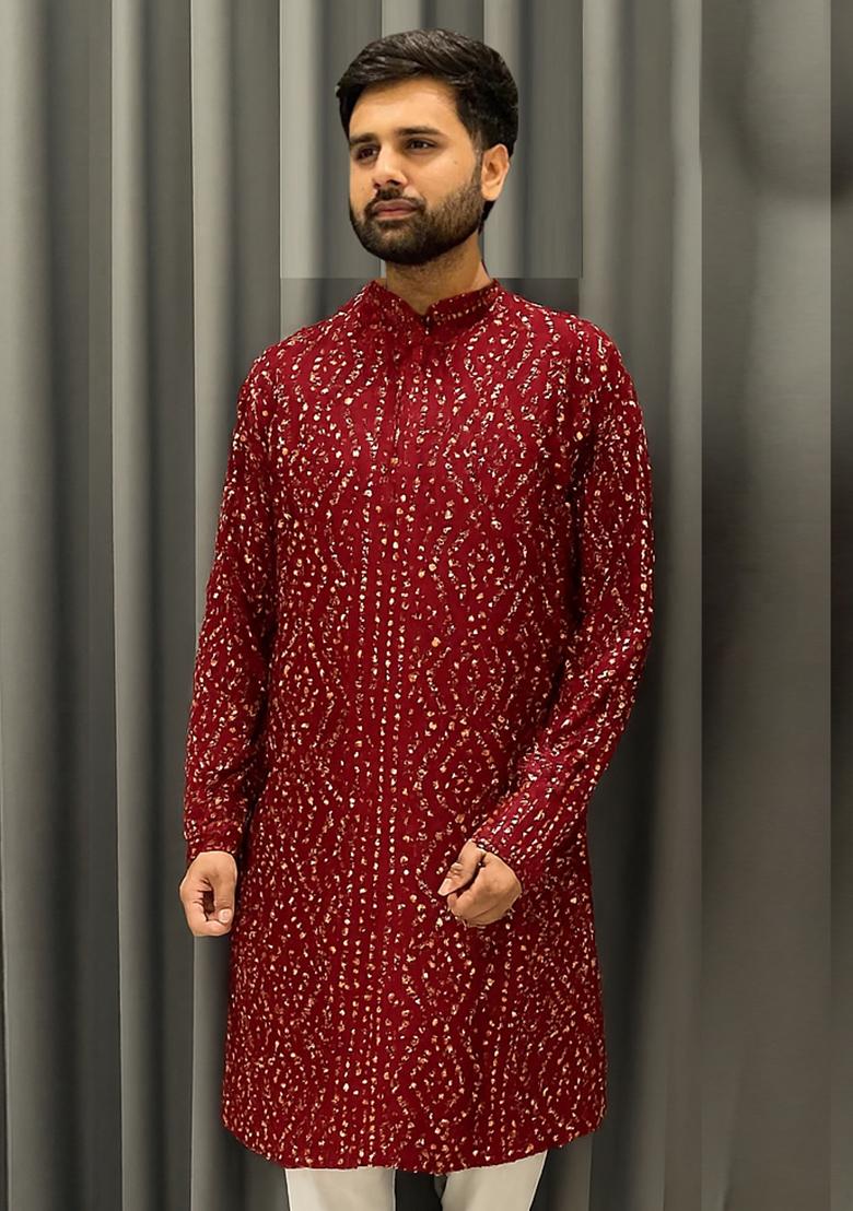 Maroon Embroidery Cotton Kurta With Pyjama For Men - Indya