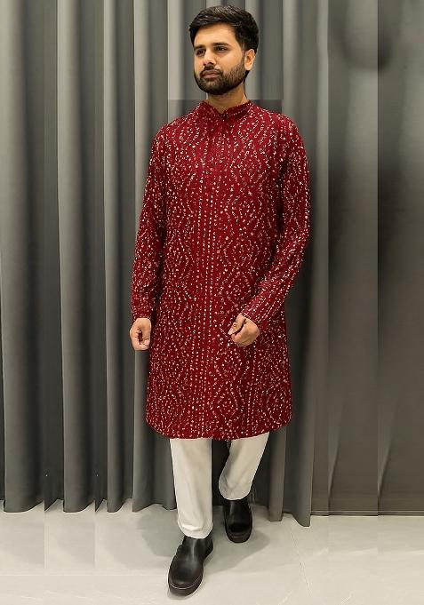 Maroon Embroidery Cotton Kurta With Pyjama For Men