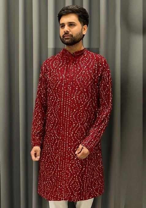 Maroon Embroidery Cotton Kurta With Pyjama For Men