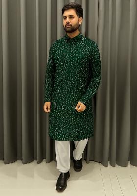 Dark Green Embroidery Cotton Kurta With Pyjama For Men
