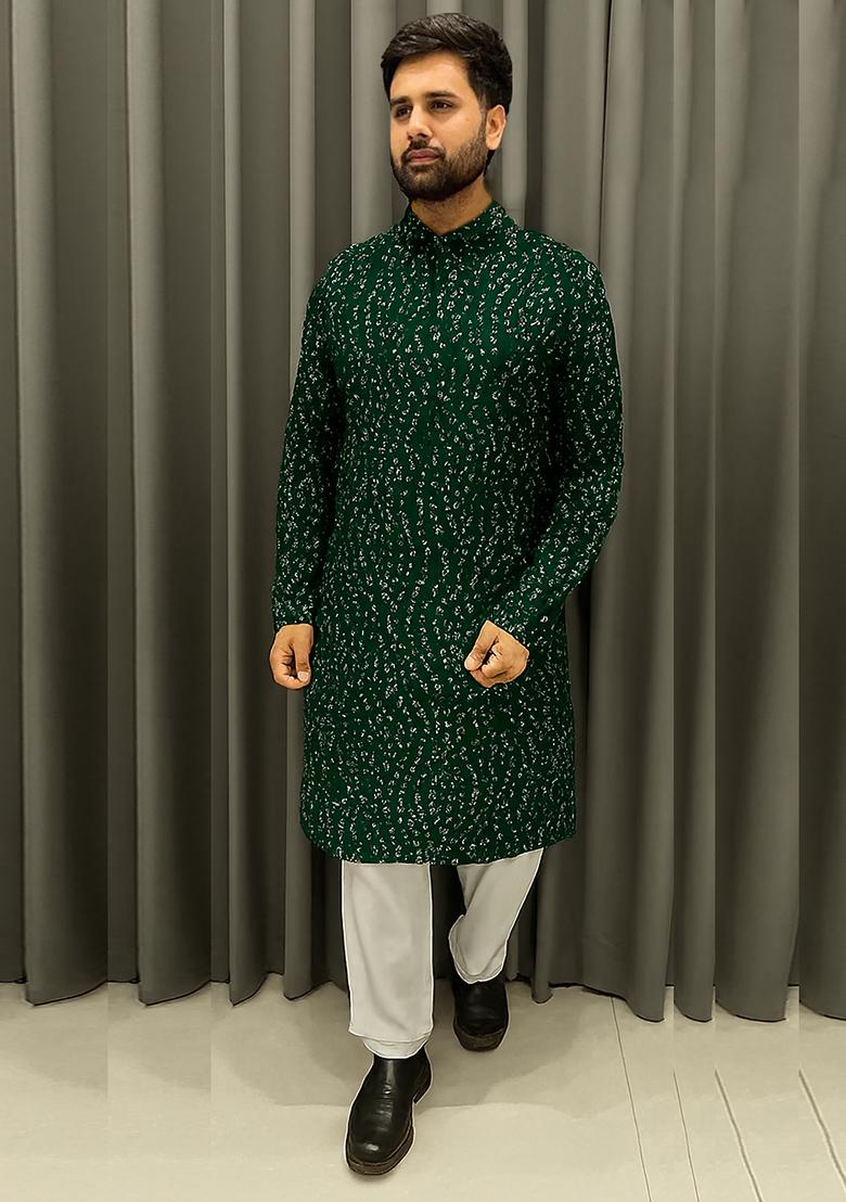 Dark Green Embroidery Cotton Kurta With Pyjama For Men