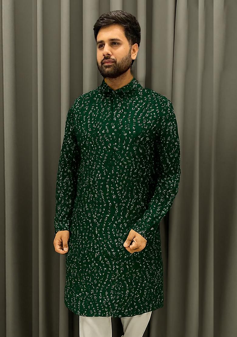 Dark Green Embroidery Cotton Kurta With Pyjama For Men - Indya