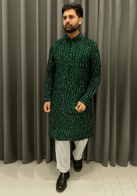 Dark Green Embroidery Cotton Kurta With Pyjama For Men