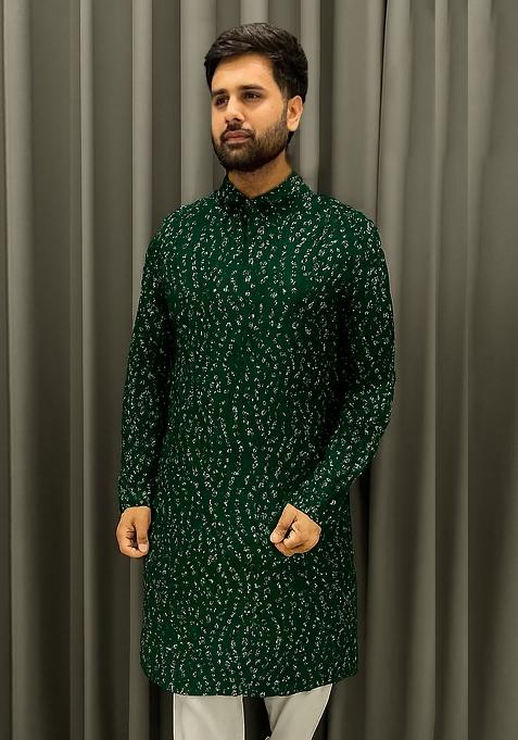 Dark Green Embroidery Cotton Kurta With Pyjama For Men