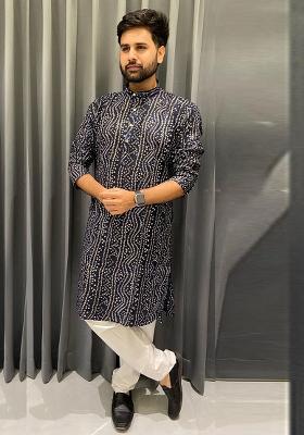 Navy Blue Embroidery Cotton Kurta With Pyjama For Men