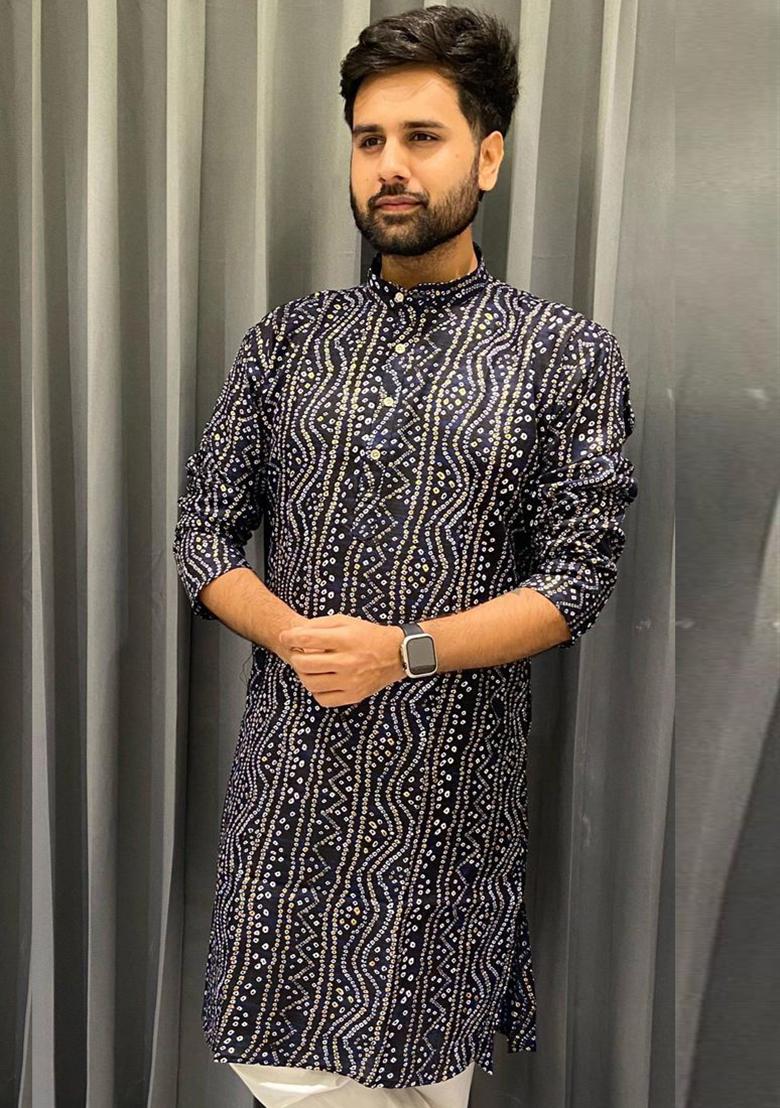 Navy Blue Embroidery Cotton Kurta With Pyjama For Men - Indya