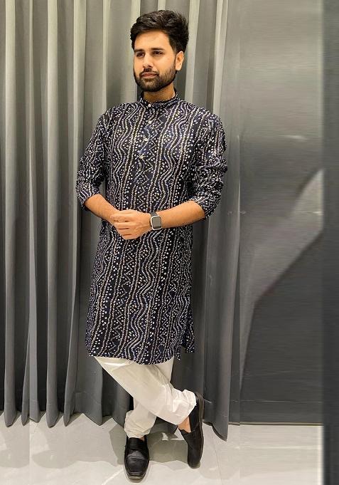 Navy Blue Embroidery Cotton Kurta With Pyjama For Men