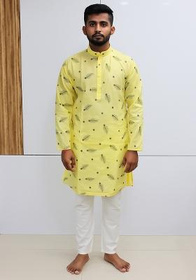 Yellow Embroidery Cotton Kurta With Pyjama For Men