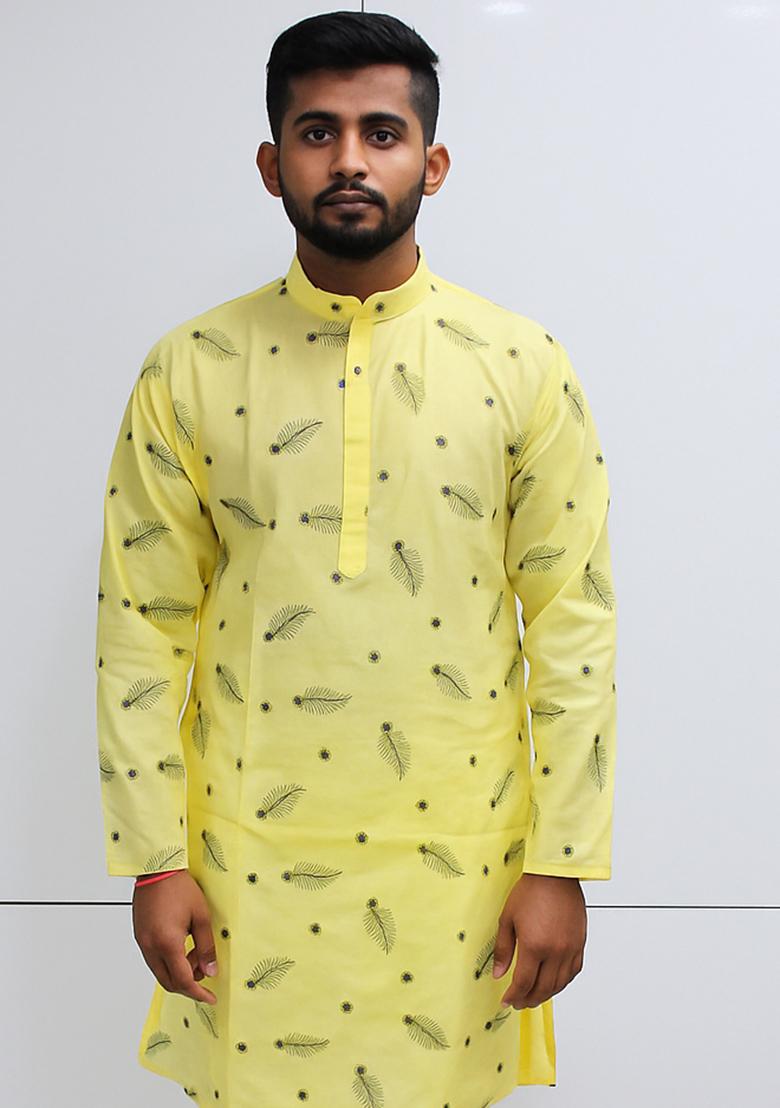 Yellow Embroidery Cotton Kurta With Pyjama For Men - Indya
