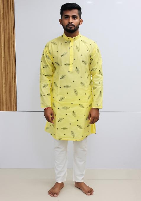 Yellow Embroidery Cotton Kurta With Pyjama For Men