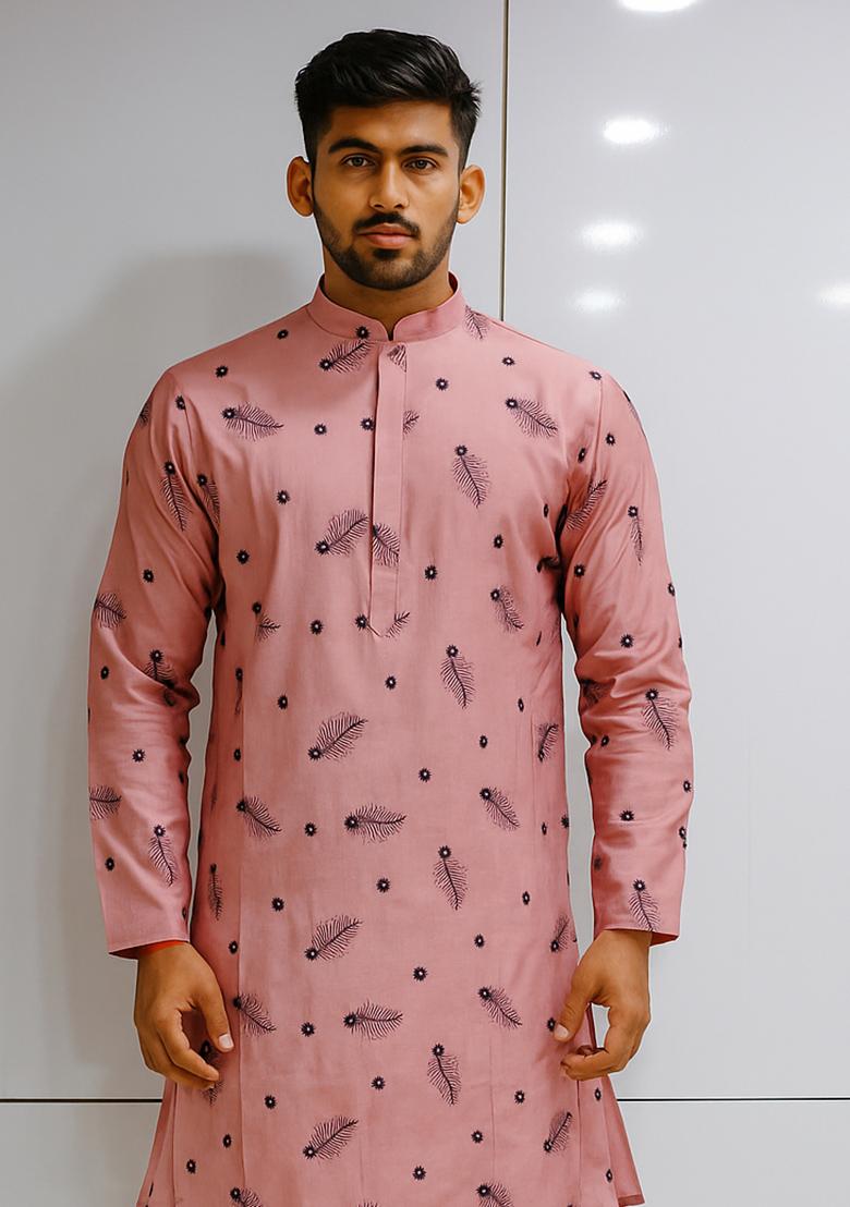 Pink Embroidery Cotton Kurta With Pyjama For Men - Indya
