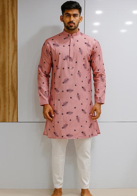 Pink Embroidery Cotton Kurta With Pyjama For Men