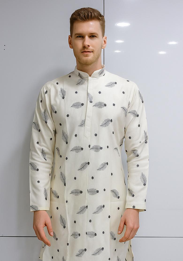 White Embroidery Cotton Kurta With Pyjama For Men - Indya