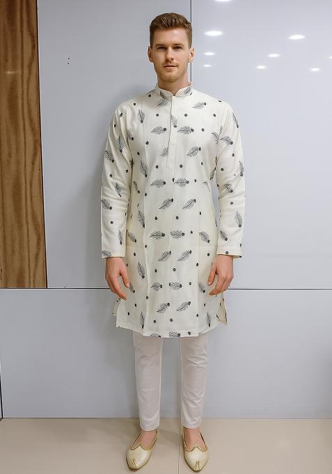 White Embroidery Cotton Kurta With Pyjama For Men