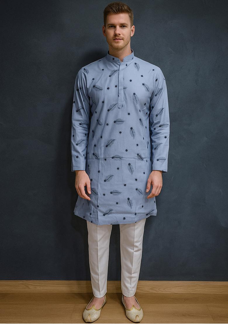 Blue Embroidery Cotton Kurta With Pyjama For Men