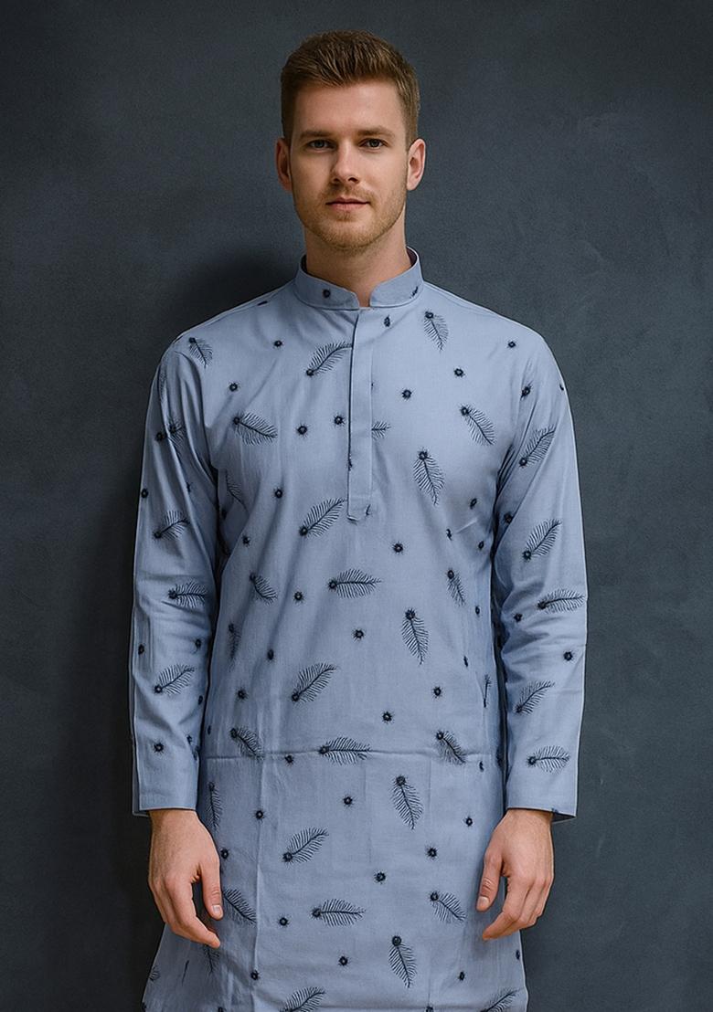 Blue Embroidery Cotton Kurta With Pyjama For Men - Indya