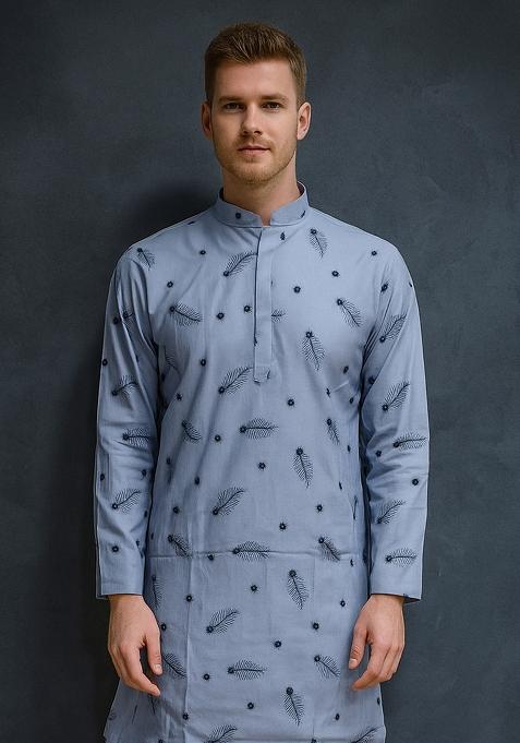 Blue Embroidery Cotton Kurta With Pyjama For Men