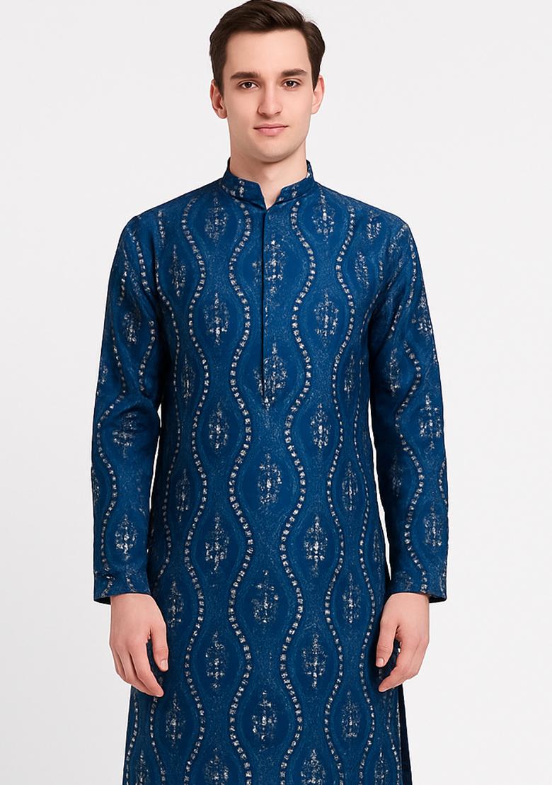 Blue Embroidery Silk Kurta With Pyjama For Men - Indya