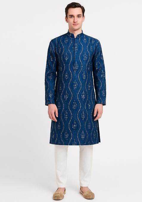 Blue Embroidery Silk Kurta With Pyjama For Men