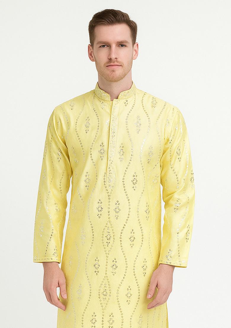 Yellow Embroidery Silk Kurta With Pyjama For Men - Indya