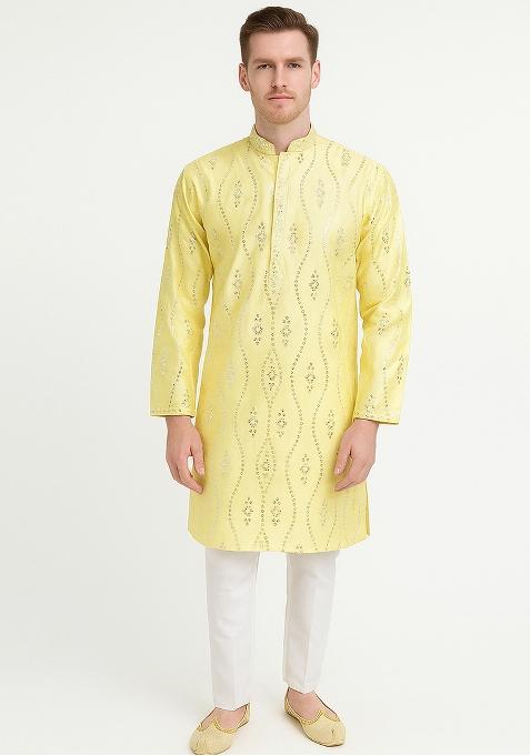 Yellow Embroidery Silk Kurta With Pyjama For Men