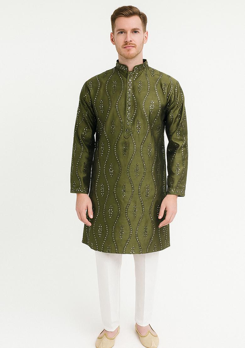 Green Embroidery Silk Kurta With Pyjama For Men