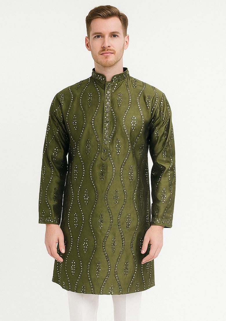 Green Embroidery Silk Kurta With Pyjama For Men - Indya