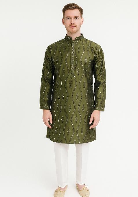 Green Embroidery Silk Kurta With Pyjama For Men