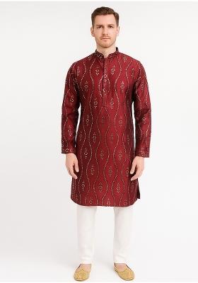 Red Embroidery Silk Kurta With Pyjama For Men