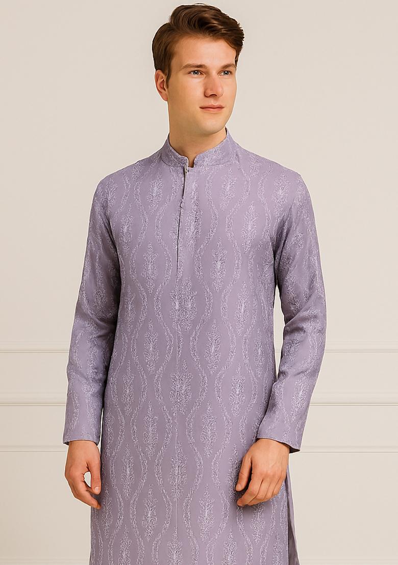 Violet Embroidery Silk Kurta With Pyjama For Men - Indya