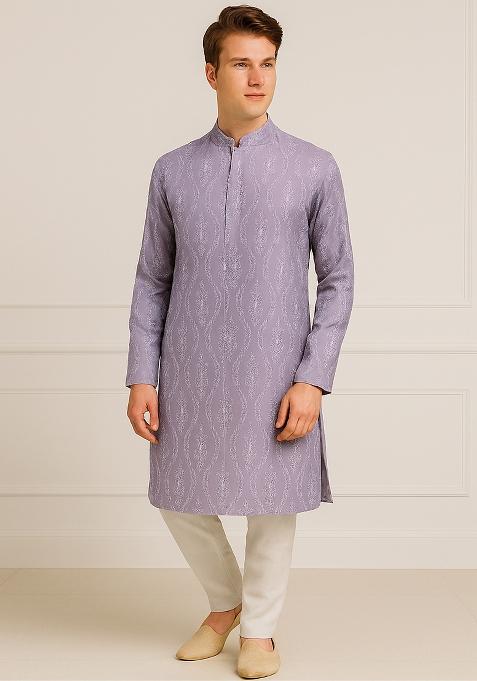 Violet Embroidery Silk Kurta With Pyjama For Men