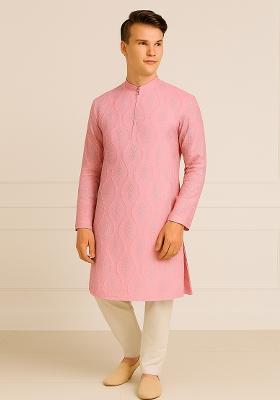 Pink Embroidery Silk Kurta With Pyjama For Men