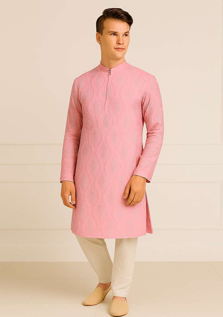Pink Embroidery Silk Kurta With Pyjama For Men - Indya