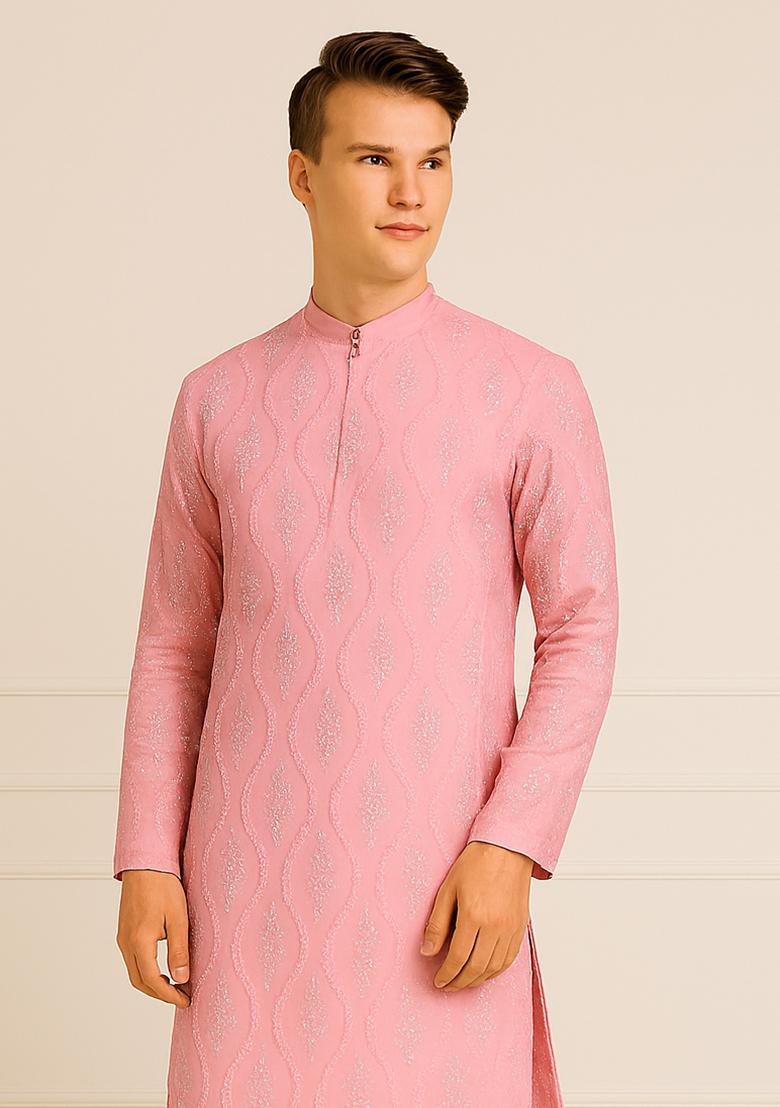 Pink Embroidery Silk Kurta With Pyjama For Men - Indya