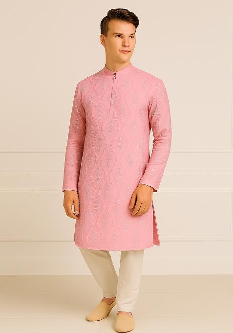 Pink Embroidery Silk Kurta With Pyjama For Men