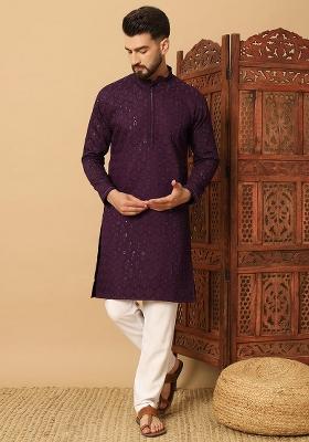 Wine Embroidery Cotton Kurta With Pyjama For Men