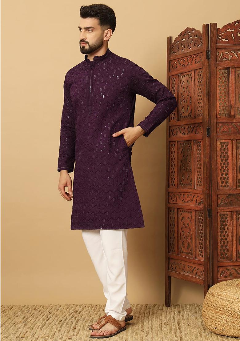 Wine Embroidery Cotton Kurta With Pyjama For Men - Indya