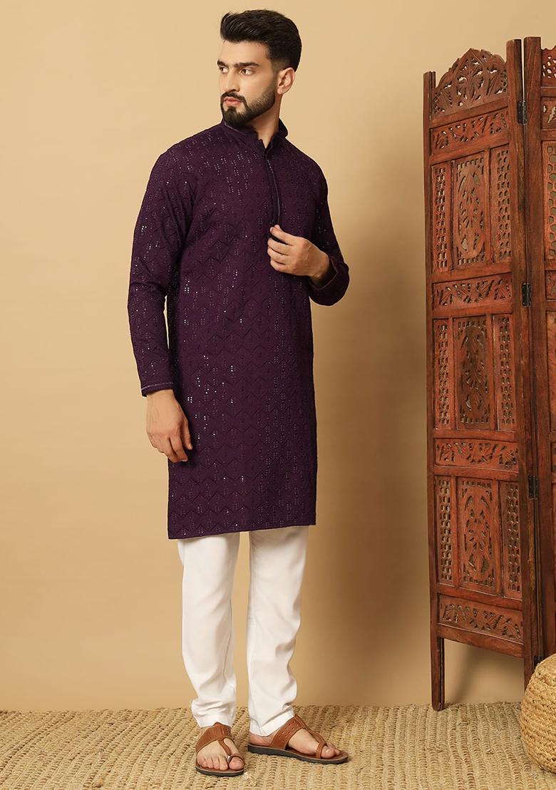 Wine Embroidery Cotton Kurta With Pyjama For Men - Indya