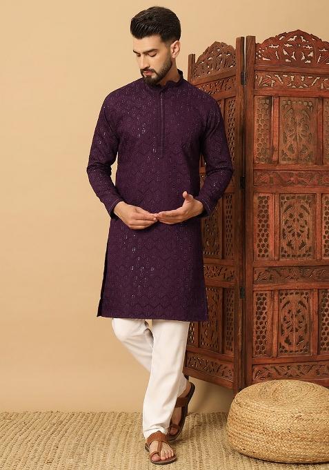 Wine Embroidery Cotton Kurta With Pyjama For Men