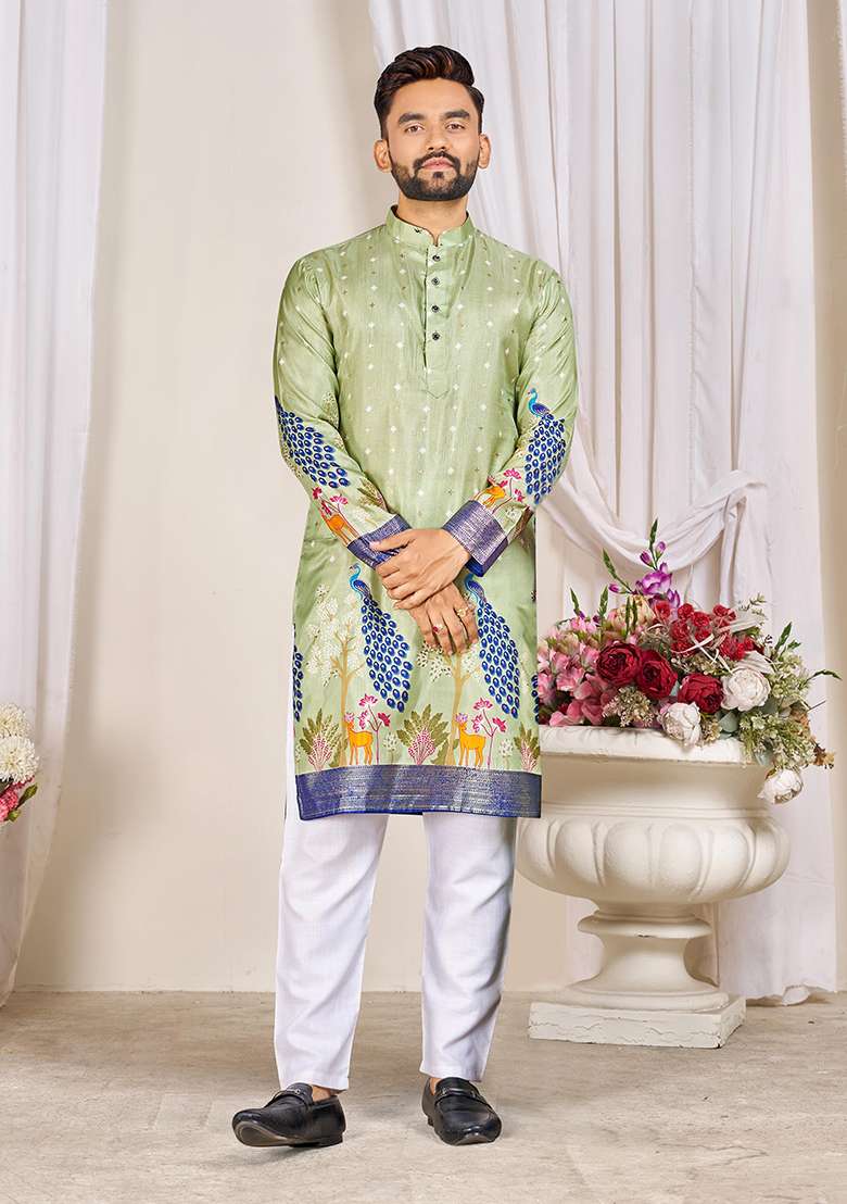 Light Green Embroidery Silk Blend Kurta With Pyjama For Men - Indya