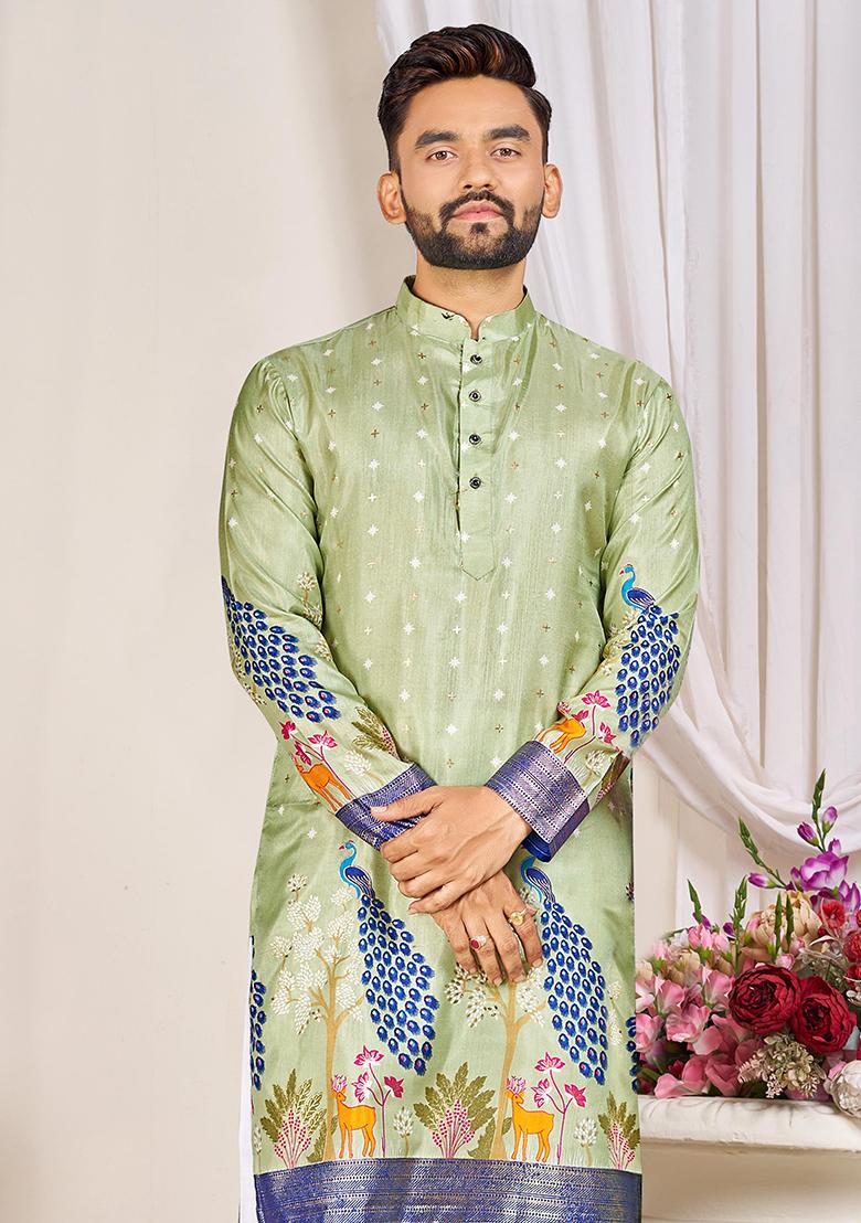 Light Green Embroidery Silk Kurta With Pyjama For Men - Indya