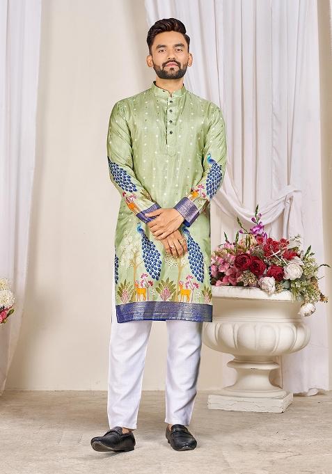 Light Green Embroidery Silk Kurta With Pyjama For Men