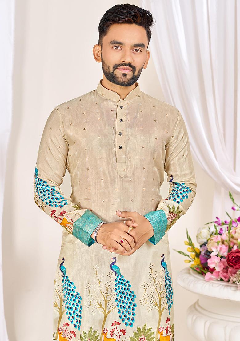 Beige Embroidery Silk Kurta With Pyjama For Men - Indya