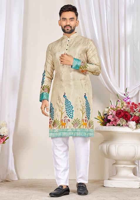 Beige Embroidery Silk Kurta With Pyjama For Men