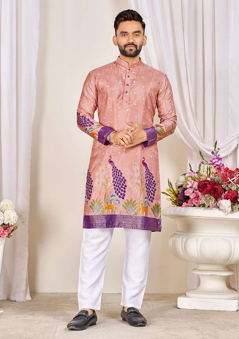 Peach Embroidery Silk Blend Kurta With Pyjama For Men - Indya